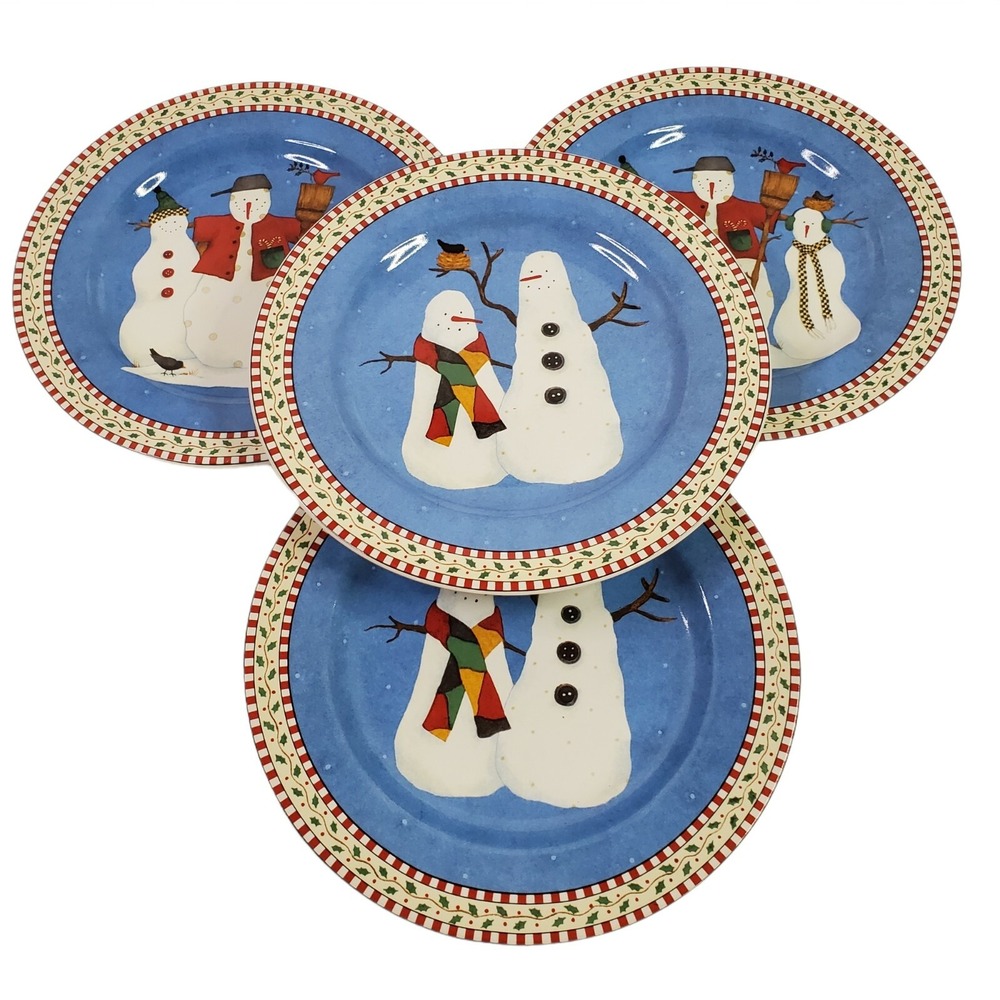 Sakura Debbie Mumm Salad Dessert Plates Snowman Christmas Holiday 8" Lot of 4